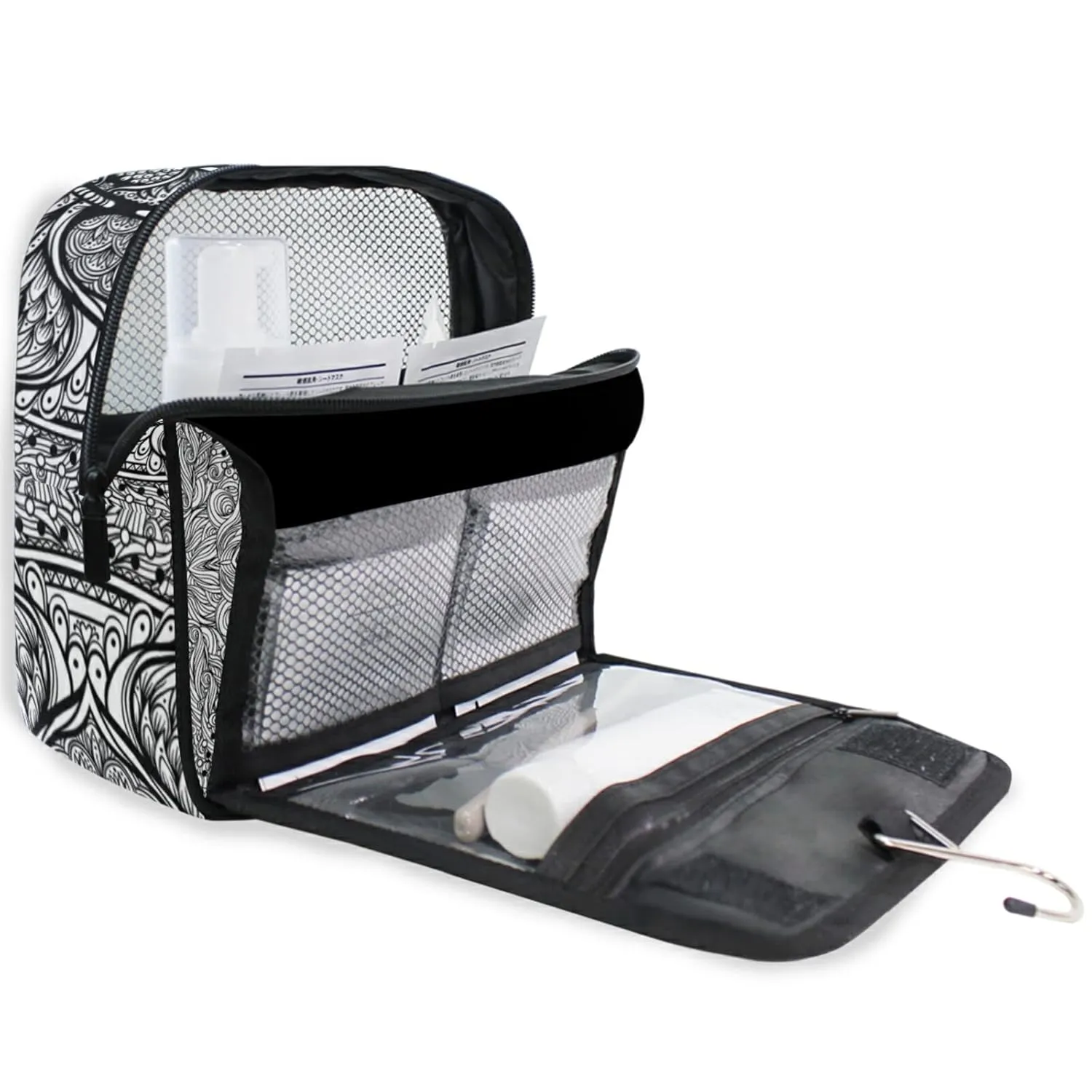 Ethnic Tribal Boho Indian Paisley Tattoo Mandala Flower Monochrome Travel Cosmetic Bag, Hanging Toiletry Wash bag, Portable Makeup Organizer Brush Case, Storage Bag with Hook for Bathroom Toilet