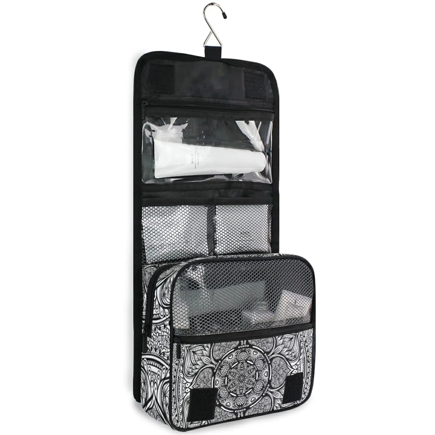 Ethnic Tribal Boho Indian Paisley Tattoo Mandala Flower Monochrome Travel Cosmetic Bag, Hanging Toiletry Wash bag, Portable Makeup Organizer Brush Case, Storage Bag with Hook for Bathroom Toilet