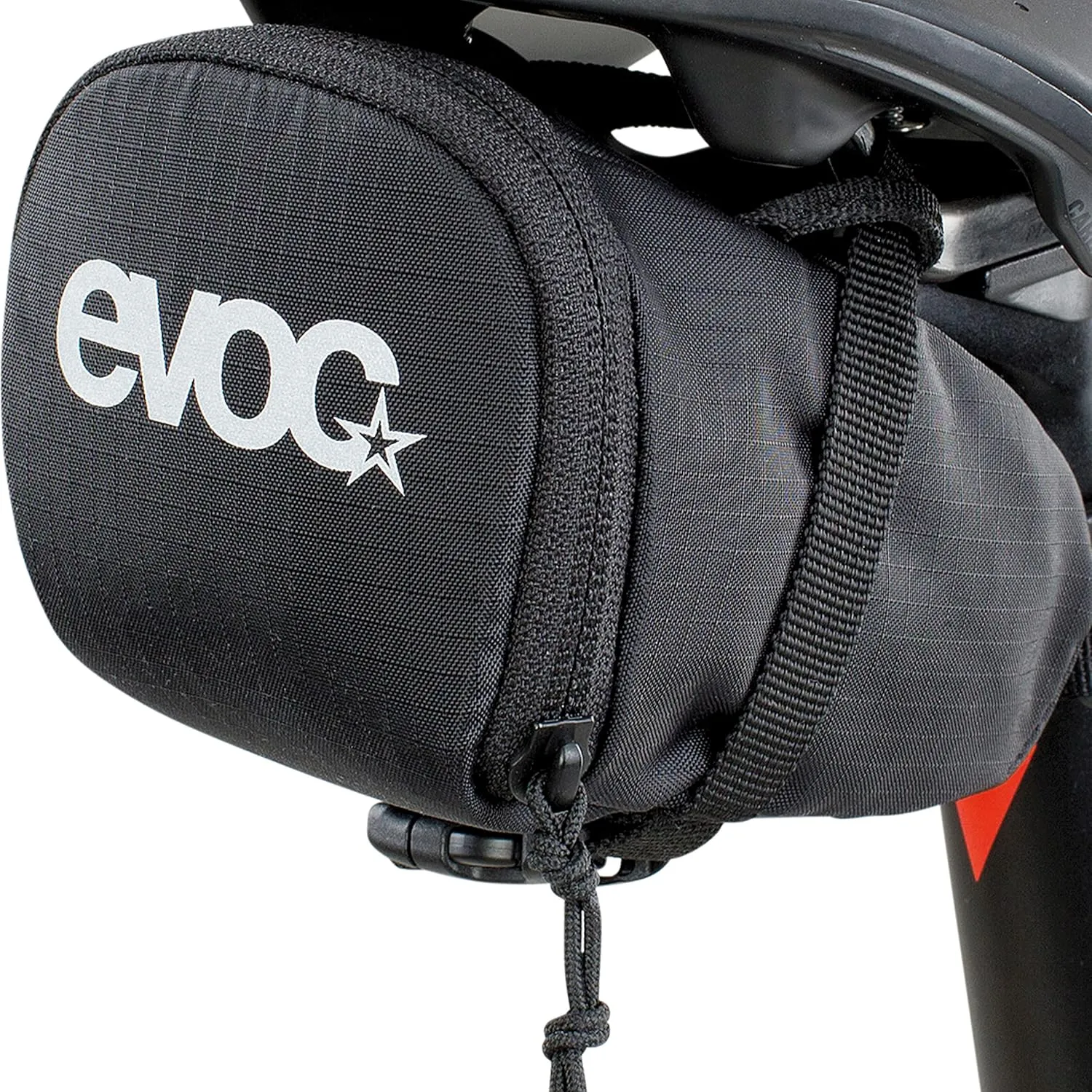 EVOC SEAT BAG saddle bag for compact storage under the seat; under seat bicycle bag (0.5l capacity, lightweight, quick assembly thanks to buckle, reflective logo), Black