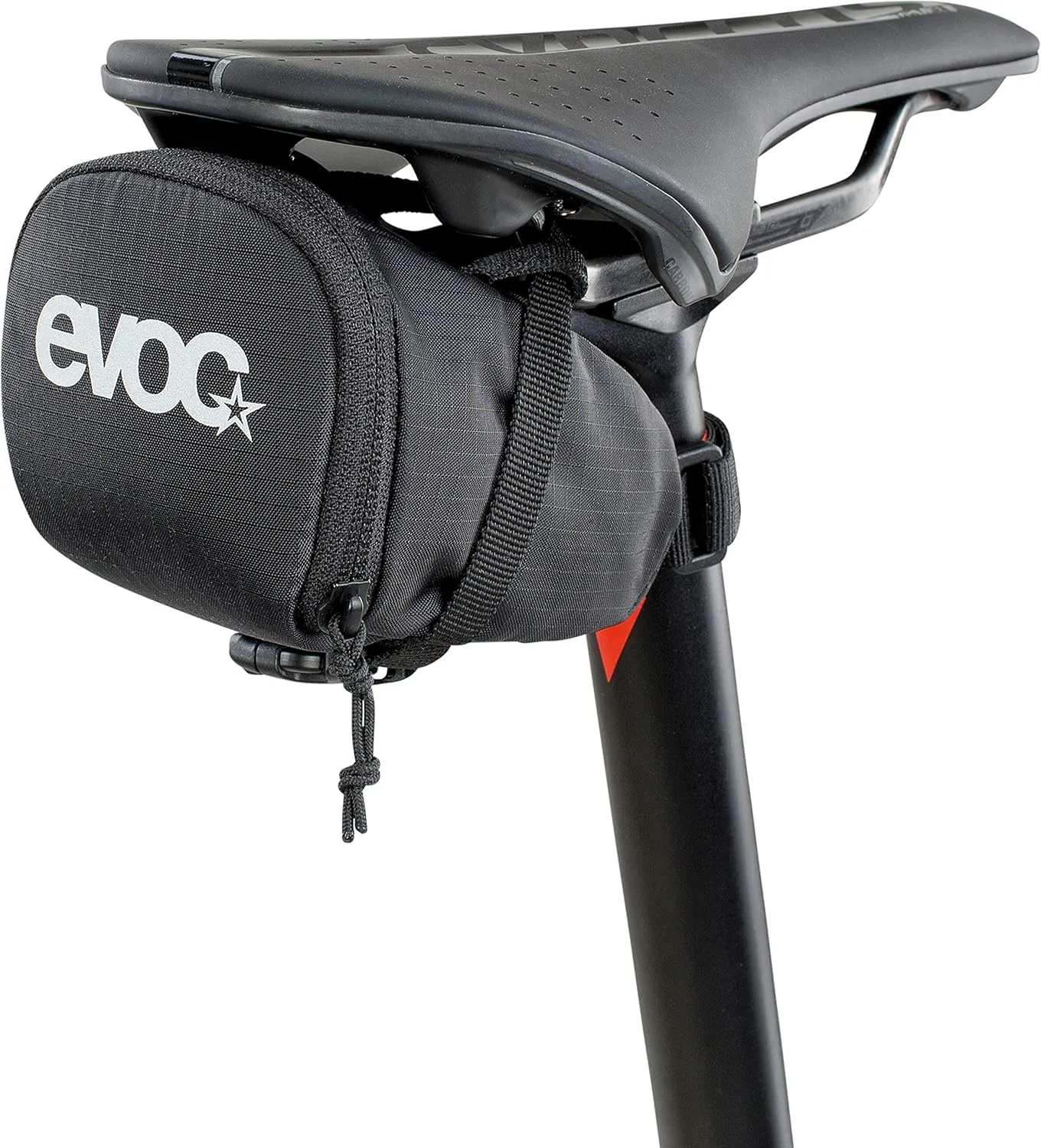 EVOC SEAT BAG saddle bag for compact storage under the seat; under seat bicycle bag (0.5l capacity, lightweight, quick assembly thanks to buckle, reflective logo), Black