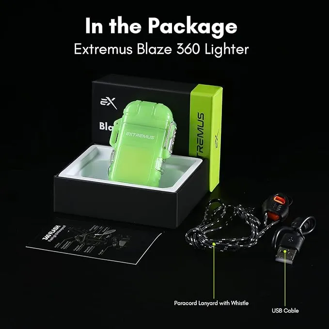 Extremus Blaze 360 Rechargeable Electric Lighters, Dual Arc Lighter, Windproof Plasma Lighter, Waterproof Lighter, Flameless Lighter with Whistle Lanyard for Camping (Green Flash)