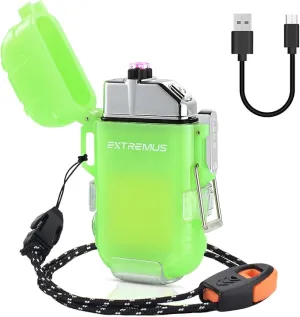 Extremus Blaze 360 Rechargeable Electric Lighters, Dual Arc Lighter, Windproof Plasma Lighter, Waterproof Lighter, Flameless Lighter with Whistle Lanyard for Camping (Green Flash)