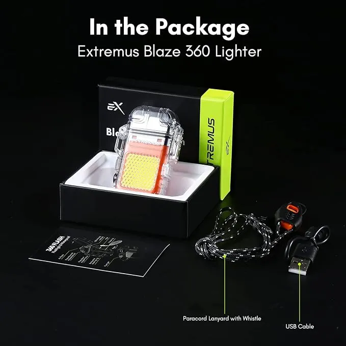 Extremus Blaze 360 Rechargeable Electric Lighters, Dual Arc Lighter, Windproof Plasma Lighter, Waterproof Lighter, Flameless Lighter with Whistle Lanyard for Camping (Orange Flash)