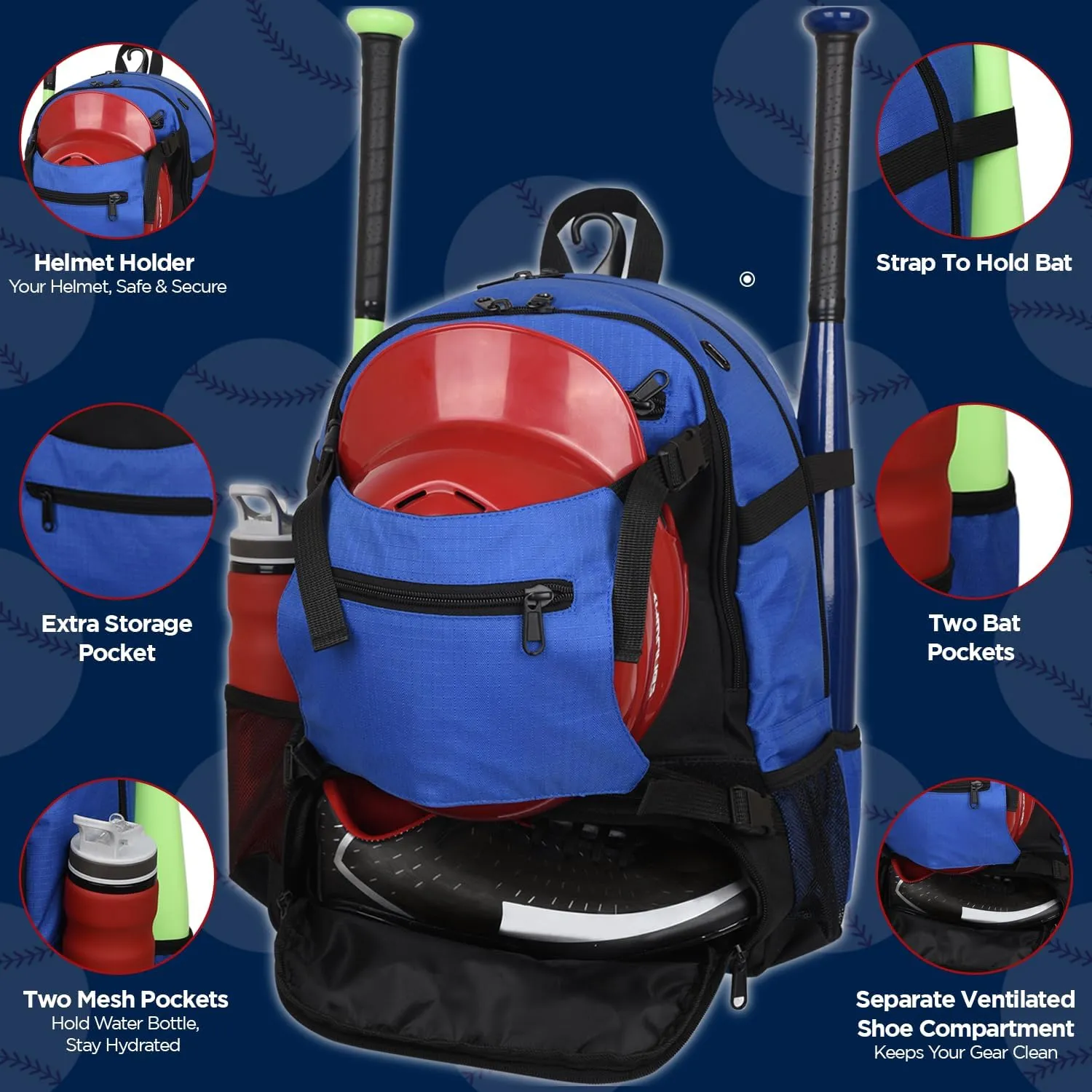 Exxact Sports Baseball Bag for Adults - Softball Bag for Girls, Baseball Backpack for Boys With Helmet Holder - Includes Shoe Compartment, Fence Hook, Holds Glove and Bat - Perfect for Game Day