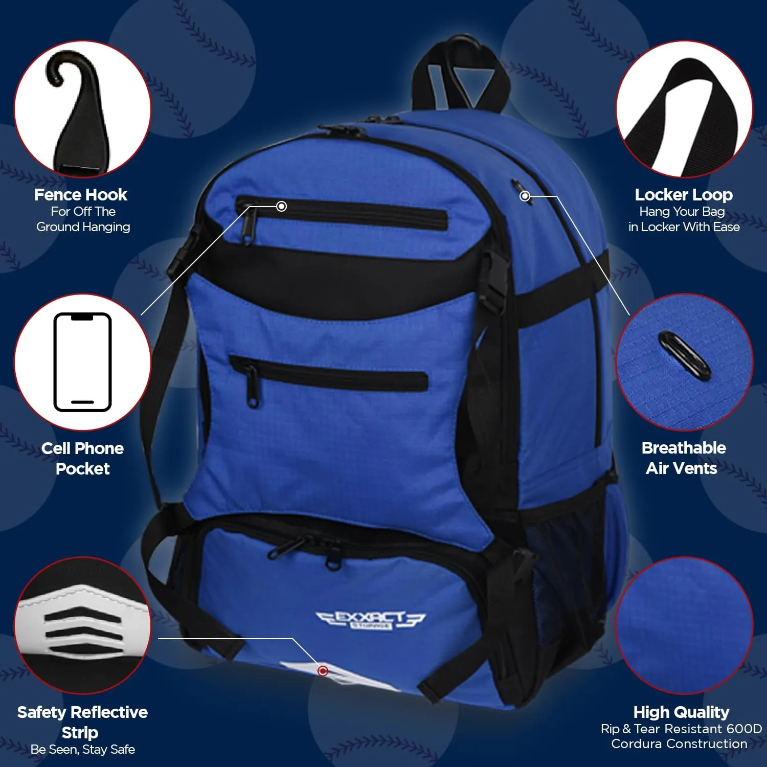 Exxact Sports Baseball Bag for Adults - Softball Bag for Girls, Baseball Backpack for Boys With Helmet Holder - Includes Shoe Compartment, Fence Hook, Holds Glove and Bat - Perfect for Game Day