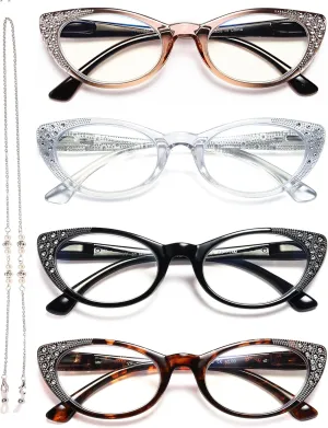 EYEURL 4-Pack Cat Eye Reading Glasses for Women Blue Light Glasses Fashion Computer Readers with Spring Hinge Anti-Glare Readers for Women 0.0
