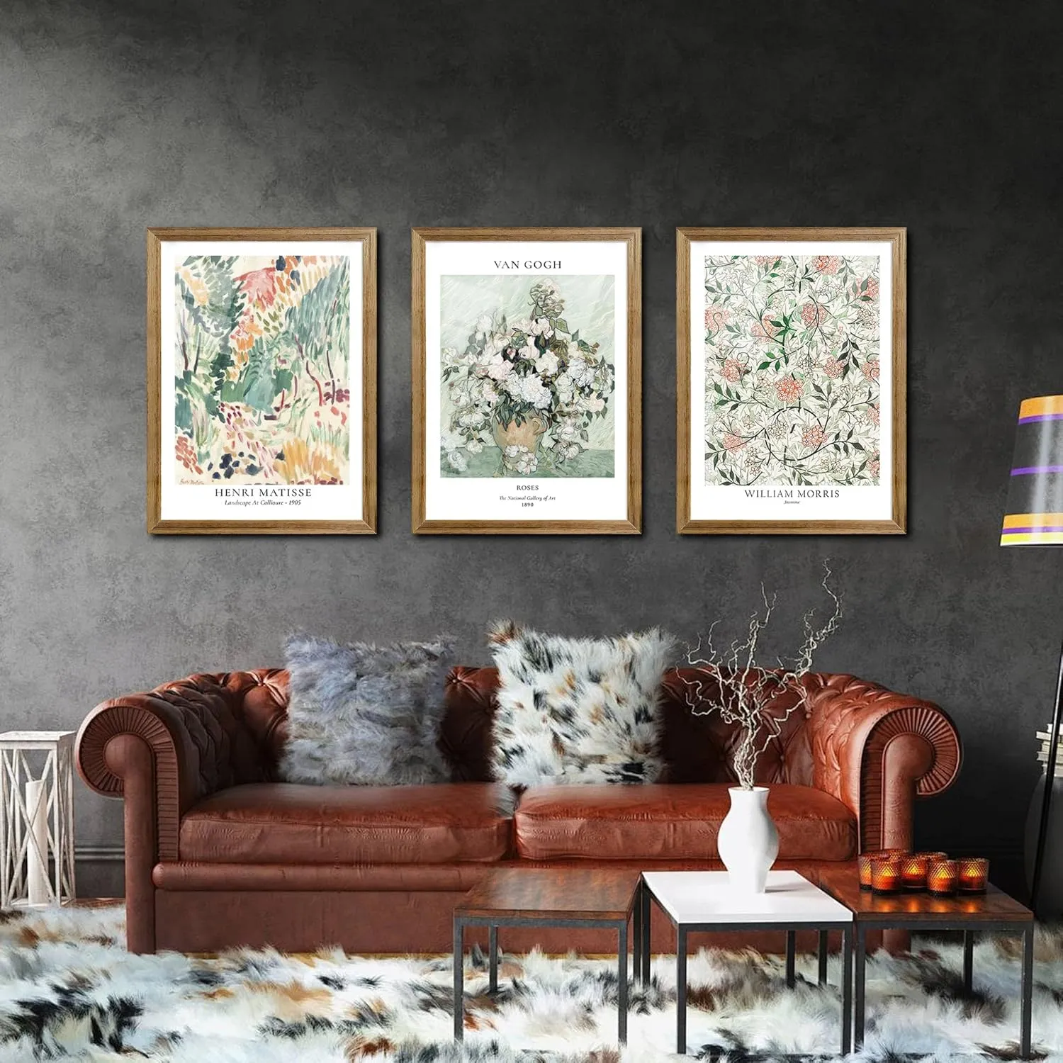 Fantasy Artists Framed Colorful Wall Art Set of 3 Impressionism Henri Matisse Van Gogh William Morris Flower Botanical Abstract Artwork Prints for Living Room Bedroom Bathroom 12" x 16"