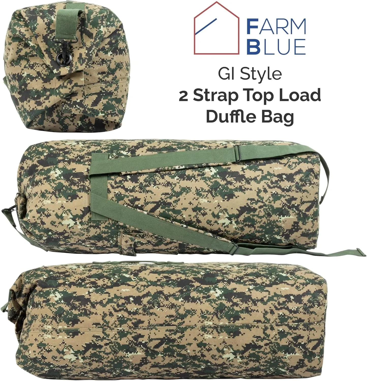 Farm Blue 2 Strap Top Load Non-Zipper Extra Large XL Military Duffel Bags - Heavy Duty Army Grade Cotton Canvas Duffle bags For Men, Women & Students - Tactical Gear Sack 22" x 38" Digital Camo