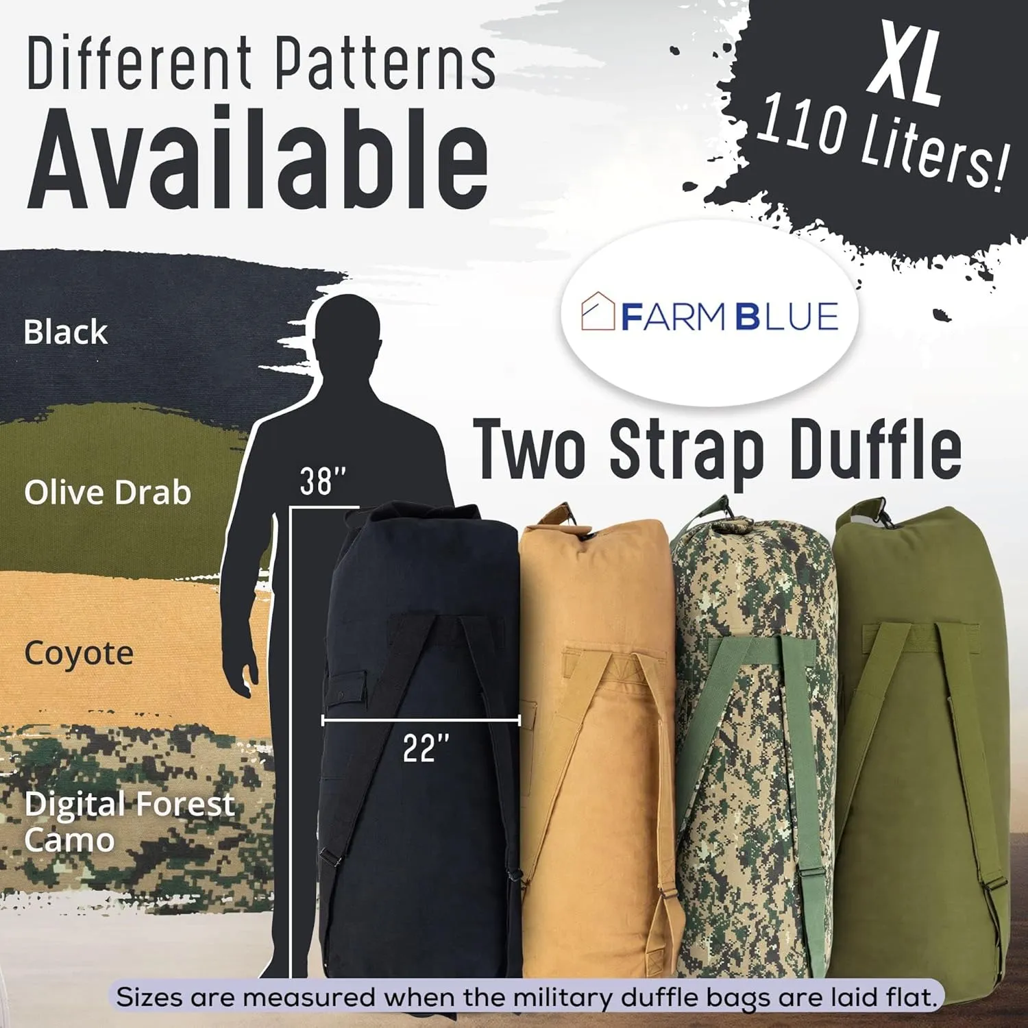 Farm Blue 2 Strap Top Load Non-Zipper Extra Large XL Military Duffel Bags - Heavy Duty Army Grade Cotton Canvas Duffle bags For Men, Women & Students - Tactical Gear Sack 22" x 38" Digital Camo