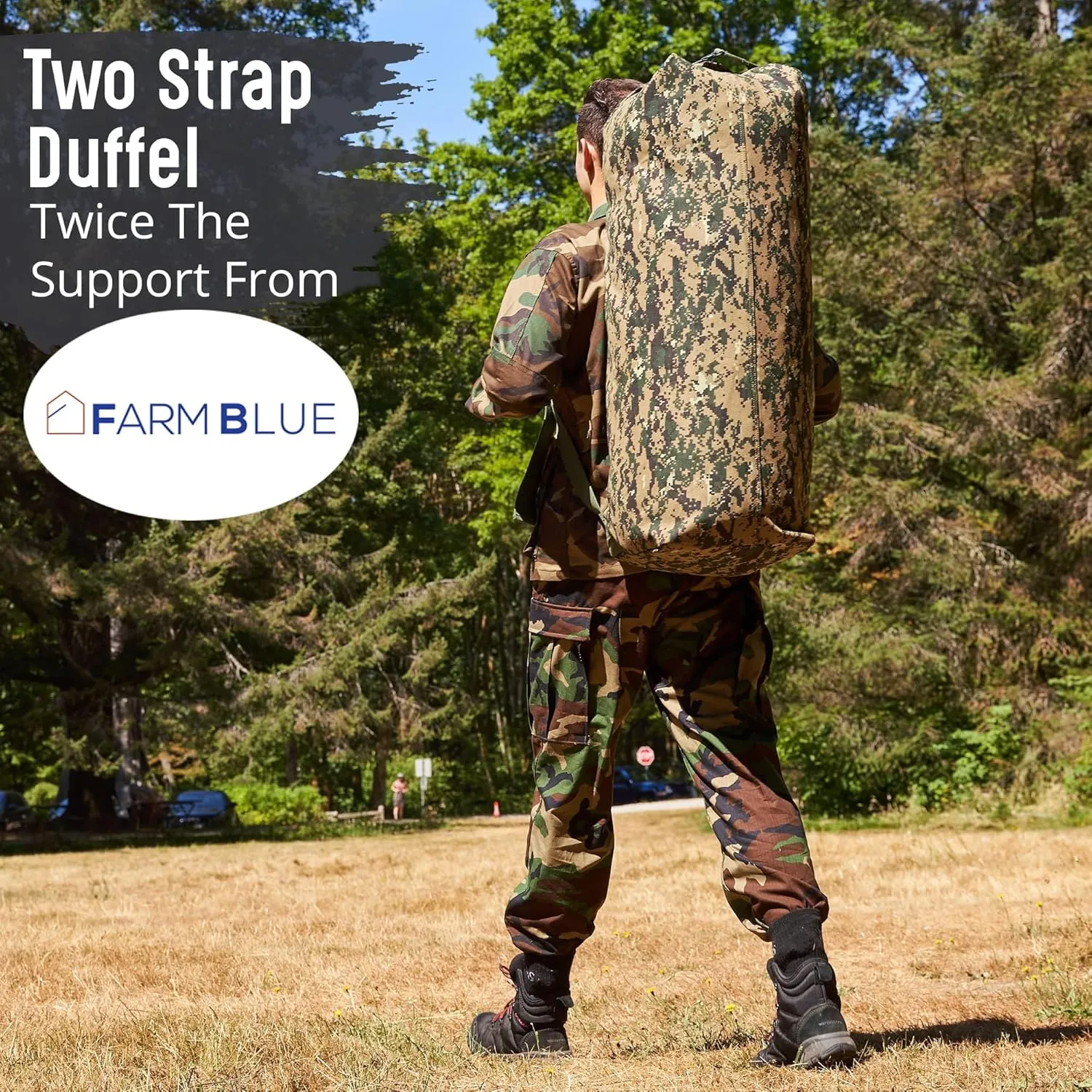 Farm Blue 2 Strap Top Load Non-Zipper Extra Large XL Military Duffel Bags - Heavy Duty Army Grade Cotton Canvas Duffle bags For Men, Women & Students - Tactical Gear Sack 22" x 38" Digital Camo