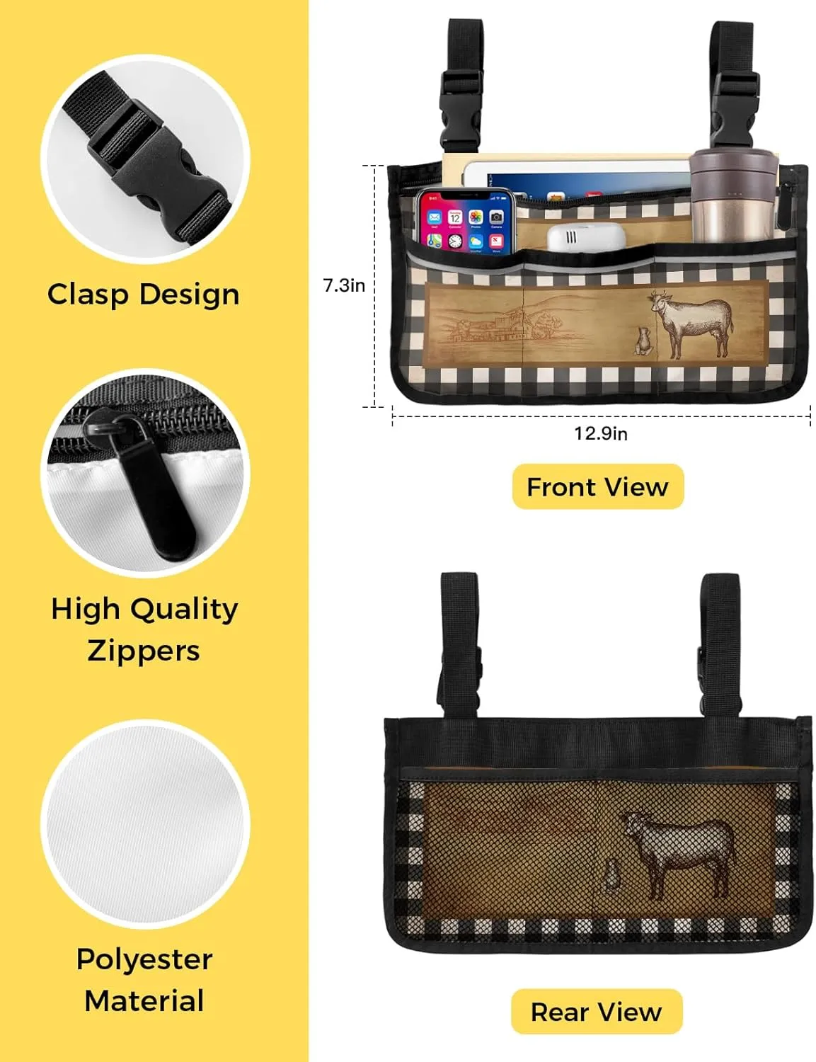 Farm Wheelchair Side Bag Walker Bag Walker Accessories Armrest Storage Pouches with Reflective Stripes Organizer Bag Retro Farm Pasture Cow Cattle Buffalo Check Plaid Wheelchair Bag for Rollator