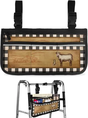Farm Wheelchair Side Bag Walker Bag Walker Accessories Armrest Storage Pouches with Reflective Stripes Organizer Bag Retro Farm Pasture Cow Cattle Buffalo Check Plaid Wheelchair Bag for Rollator