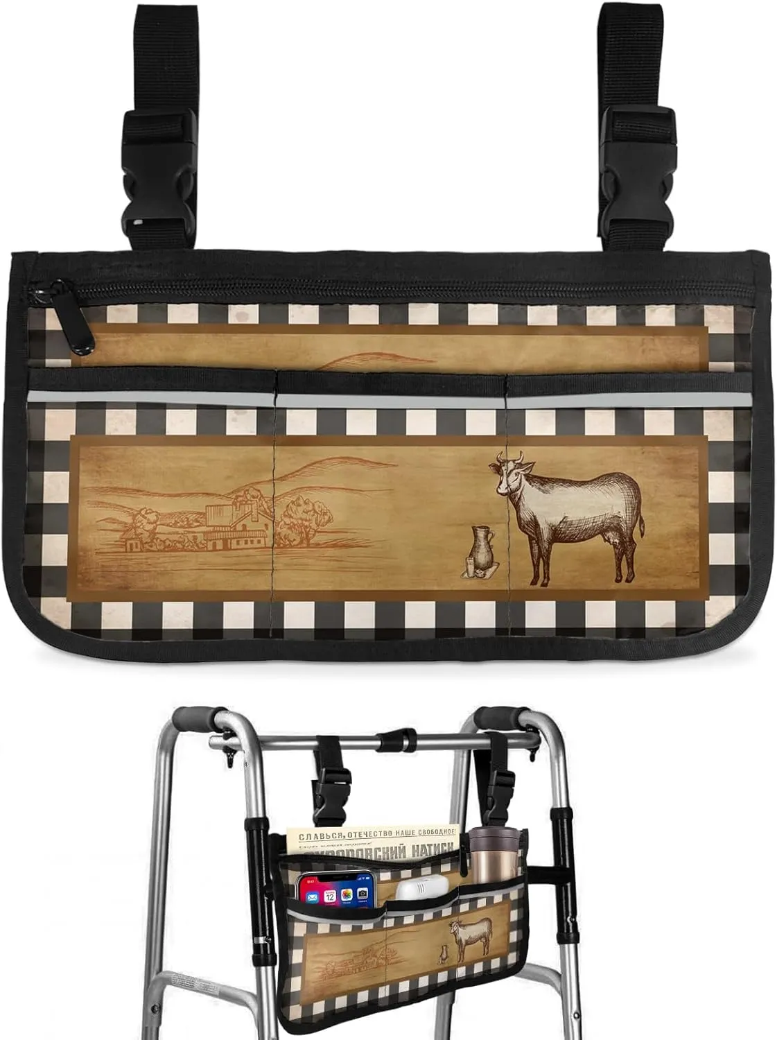 Farm Wheelchair Side Bag Walker Bag Walker Accessories Armrest Storage Pouches with Reflective Stripes Organizer Bag Retro Farm Pasture Cow Cattle Buffalo Check Plaid Wheelchair Bag for Rollator