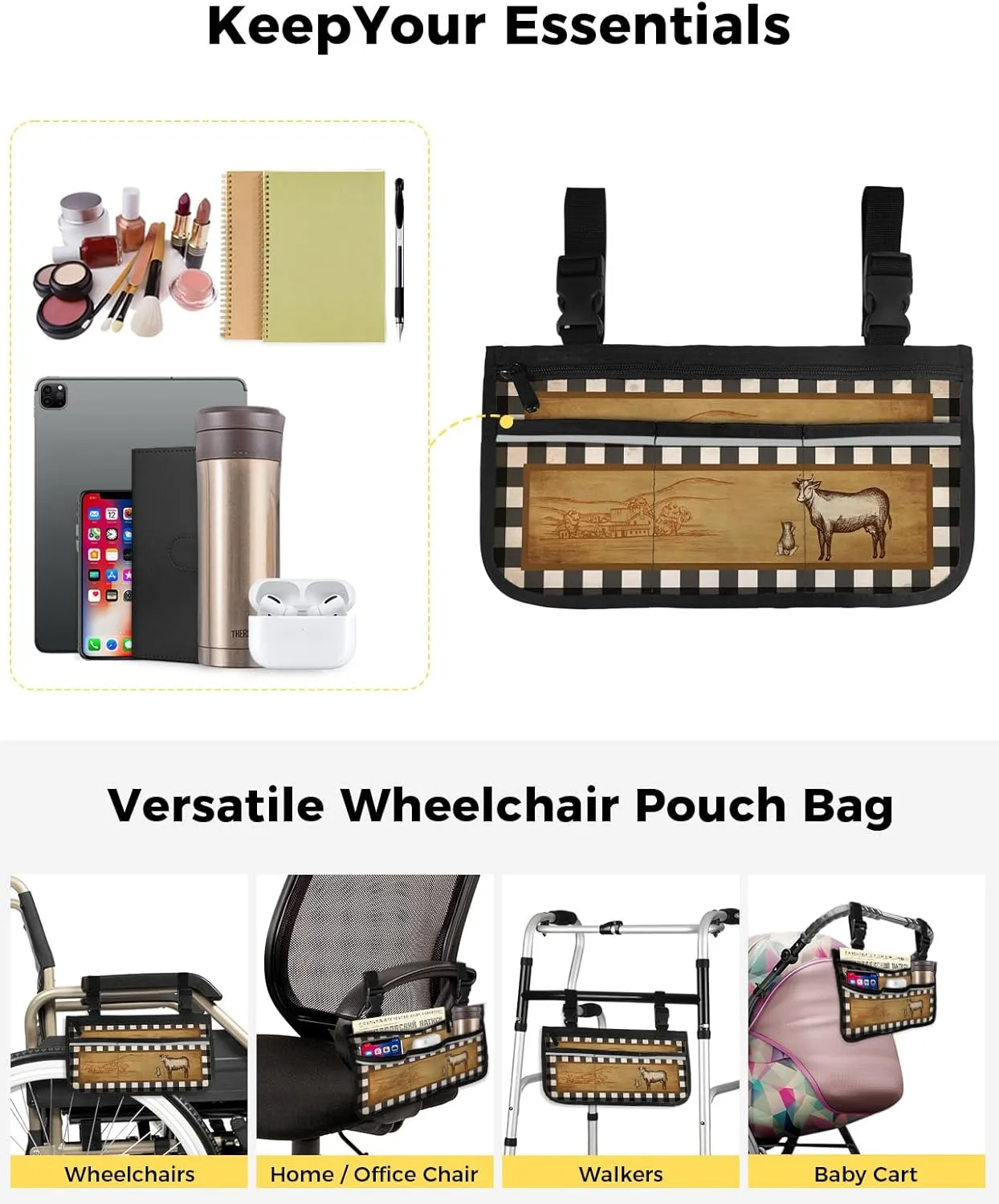 Farm Wheelchair Side Bag Walker Bag Walker Accessories Armrest Storage Pouches with Reflective Stripes Organizer Bag Retro Farm Pasture Cow Cattle Buffalo Check Plaid Wheelchair Bag for Rollator
