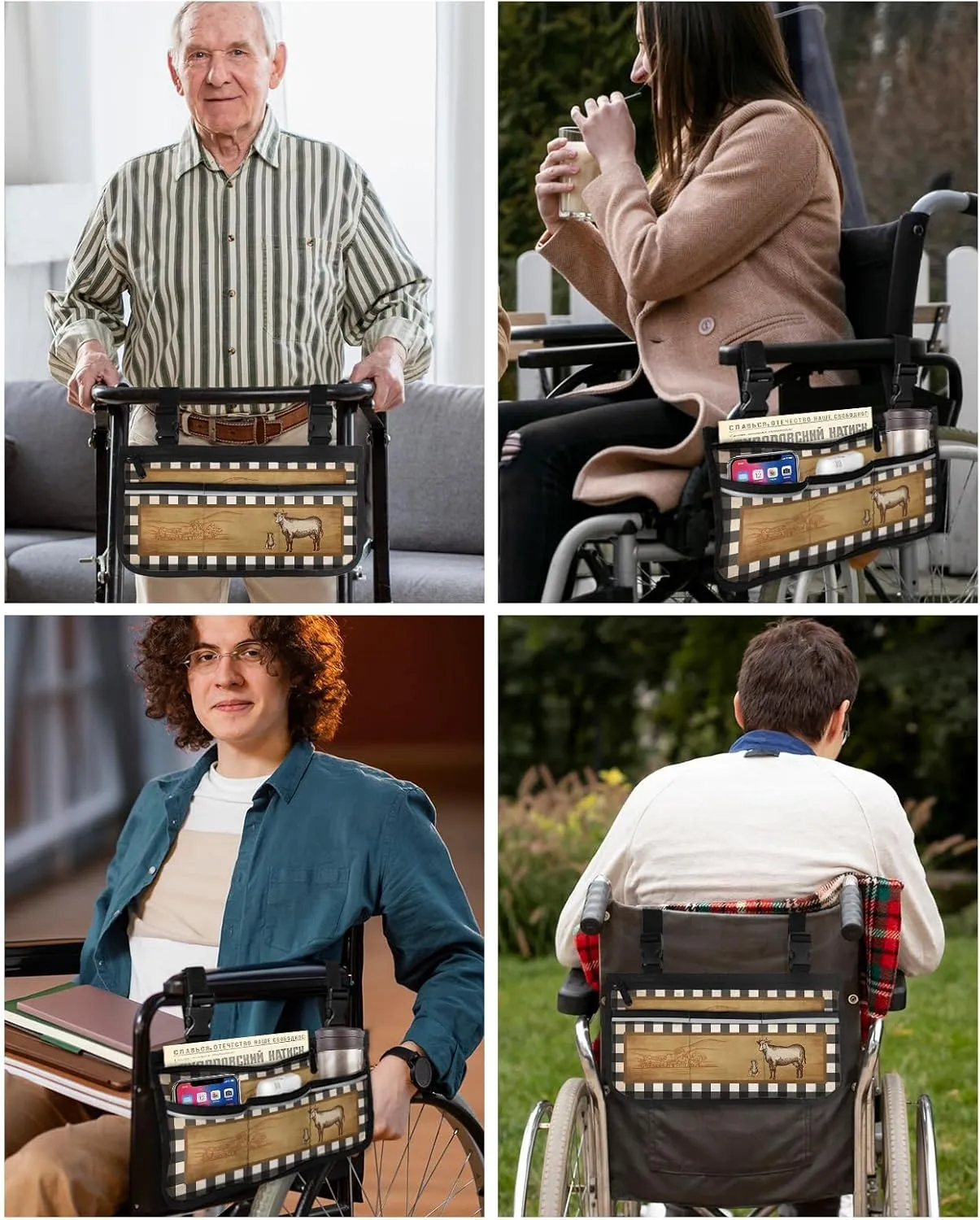 Farm Wheelchair Side Bag Walker Bag Walker Accessories Armrest Storage Pouches with Reflective Stripes Organizer Bag Retro Farm Pasture Cow Cattle Buffalo Check Plaid Wheelchair Bag for Rollator