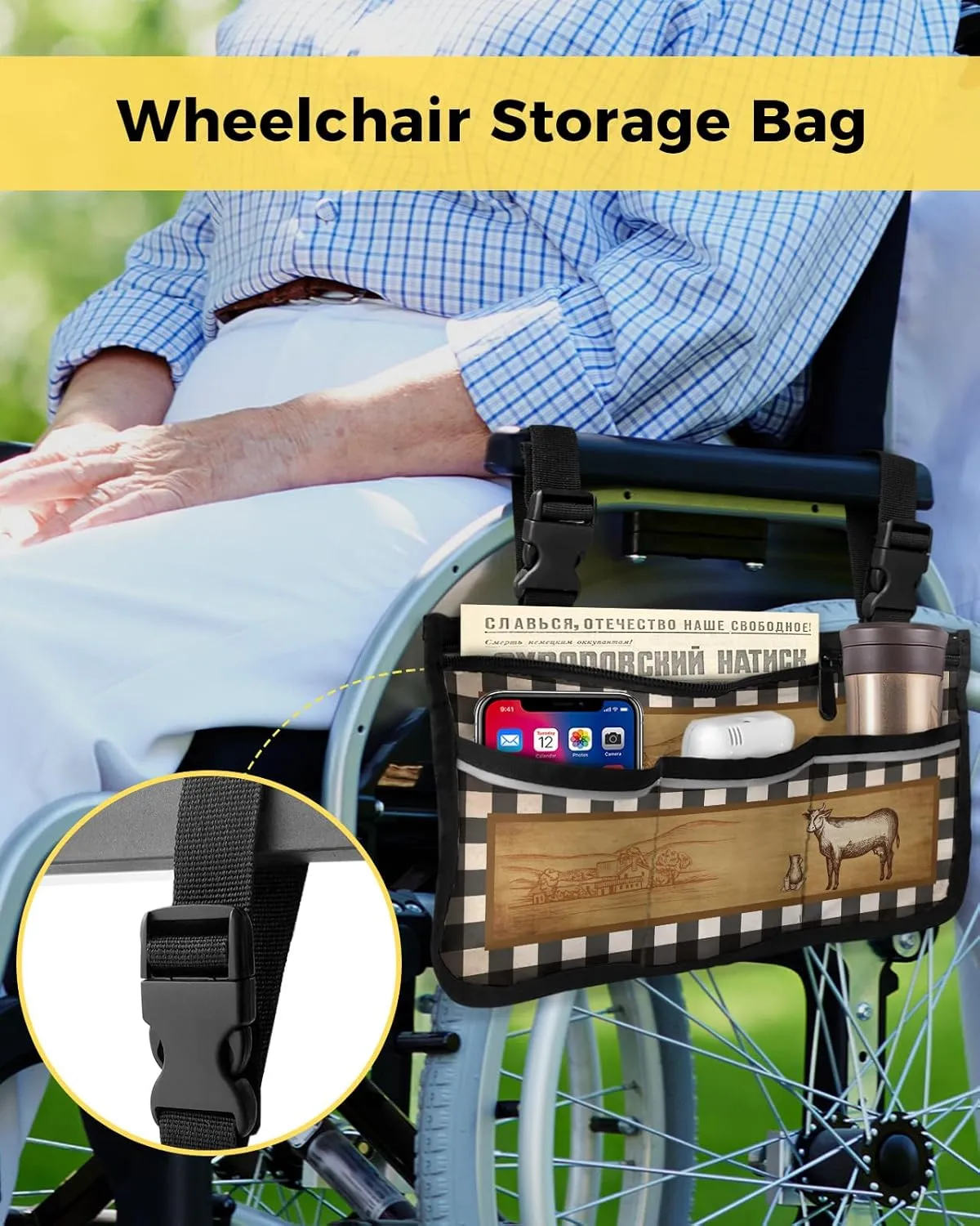 Farm Wheelchair Side Bag Walker Bag Walker Accessories Armrest Storage Pouches with Reflective Stripes Organizer Bag Retro Farm Pasture Cow Cattle Buffalo Check Plaid Wheelchair Bag for Rollator