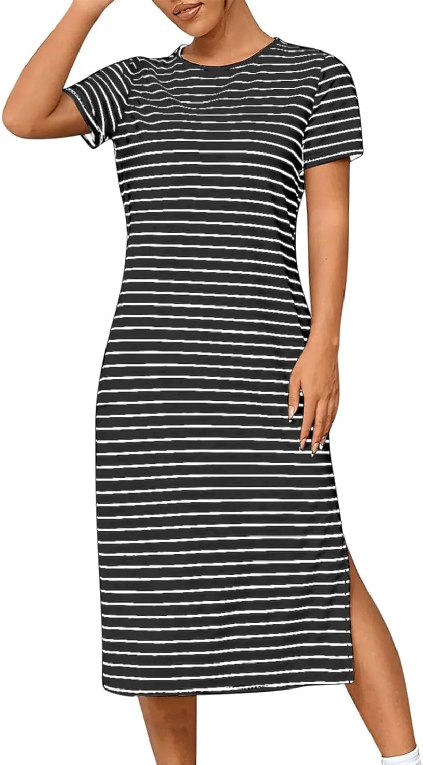 Fashion Womens Spring Summer Dresses Striped Short Sleeve Casual Dress Slim Side Split Business Dress with Pocket