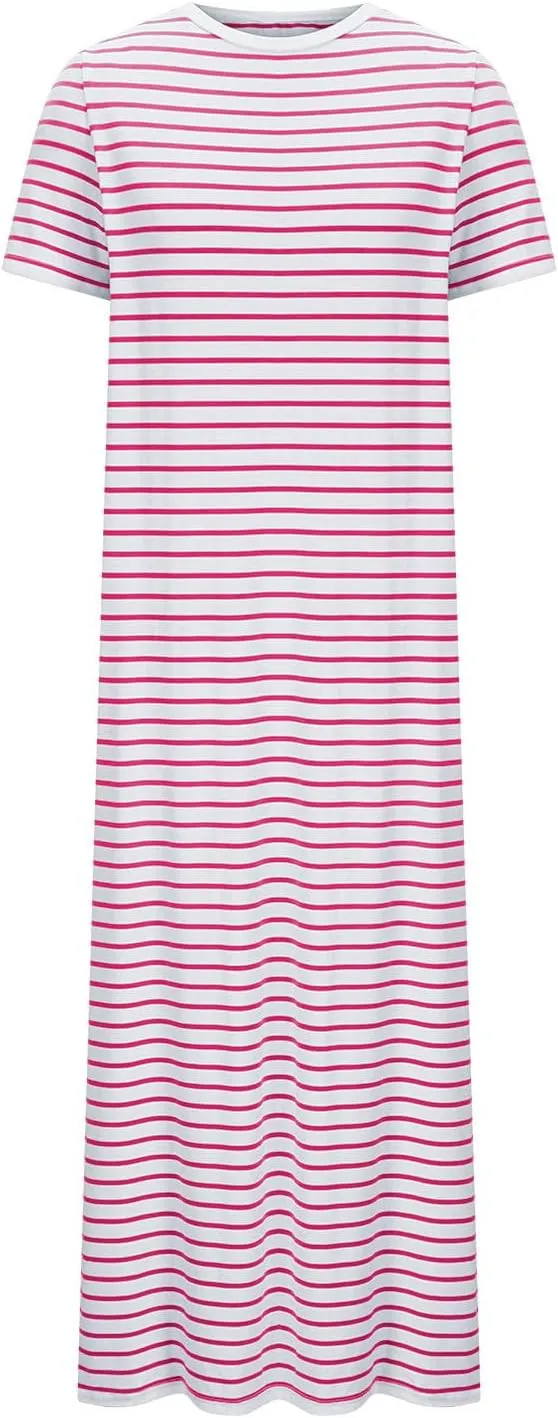 Fashion Womens Spring Summer Dresses Striped Short Sleeve Casual Dress Slim Side Split Business Dress with Pocket