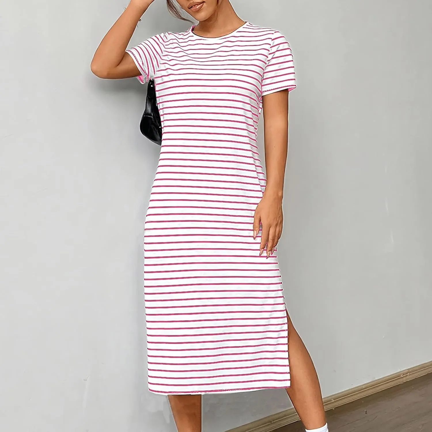 Fashion Womens Spring Summer Dresses Striped Short Sleeve Casual Dress Slim Side Split Business Dress with Pocket