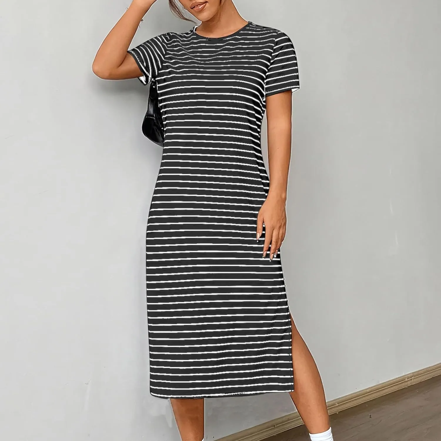 Fashion Womens Spring Summer Dresses Striped Short Sleeve Casual Dress Slim Side Split Business Dress with Pocket