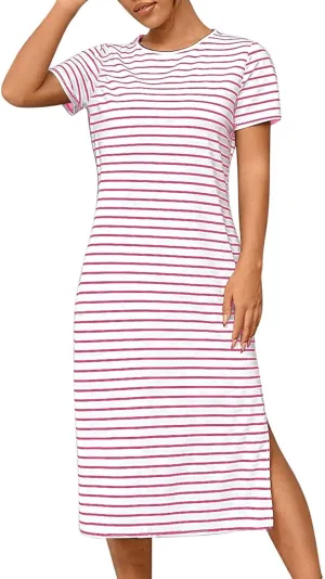 Fashion Womens Spring Summer Dresses Striped Short Sleeve Casual Dress Slim Side Split Business Dress with Pocket