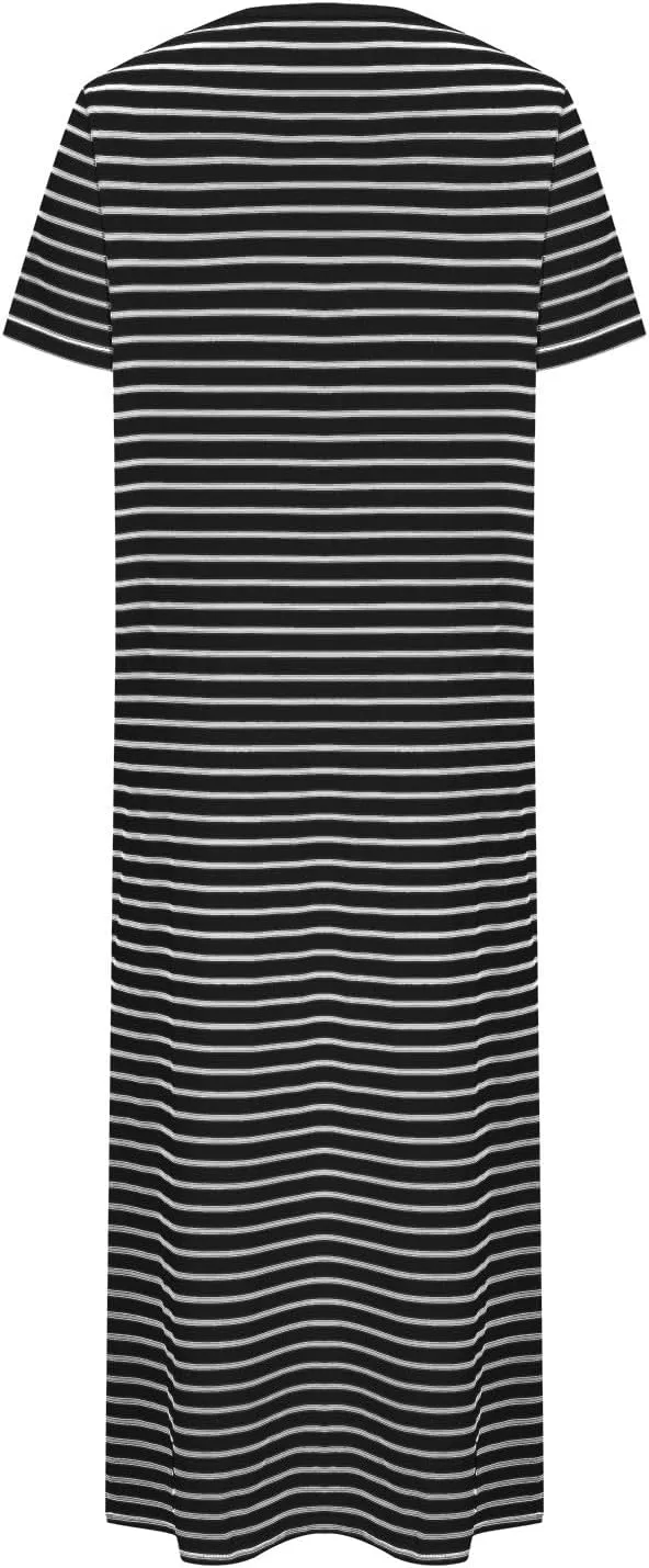 Fashion Womens Spring Summer Dresses Striped Short Sleeve Casual Dress Slim Side Split Business Dress with Pocket