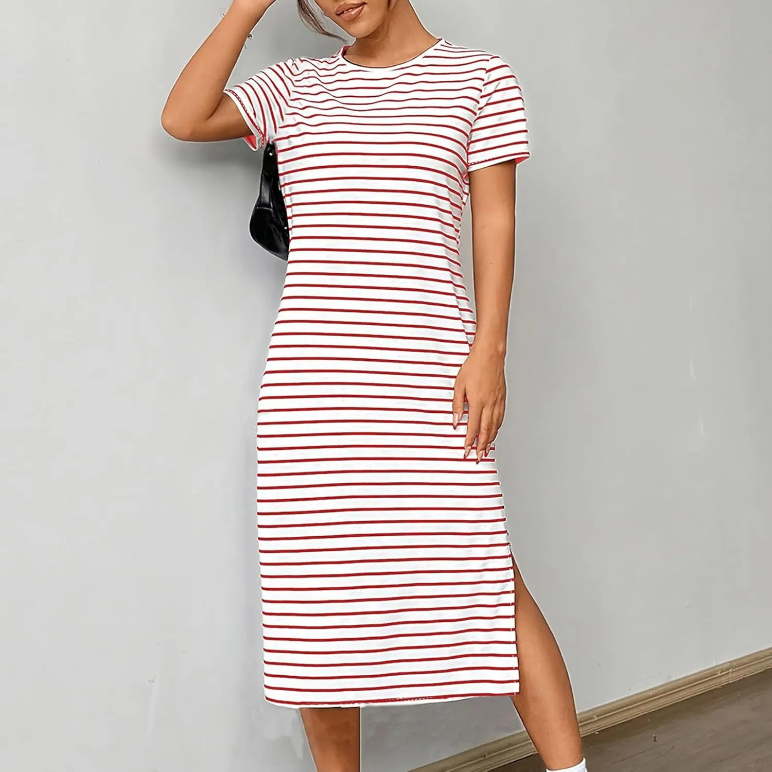 Fashion Womens Spring Summer Dresses Striped Short Sleeve Casual Dress Slim Side Split Business Dress with Pocket