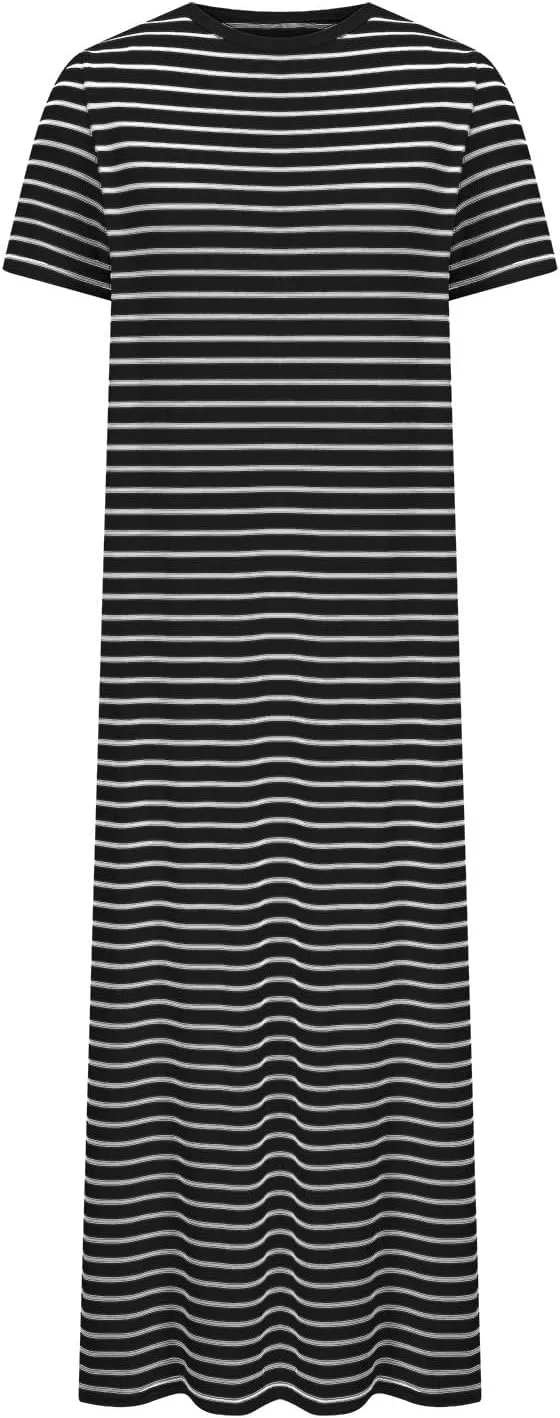 Fashion Womens Spring Summer Dresses Striped Short Sleeve Casual Dress Slim Side Split Business Dress with Pocket