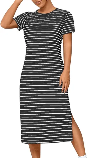 Fashion Womens Spring Summer Dresses Striped Short Sleeve Casual Dress Slim Side Split Business Dress with Pocket