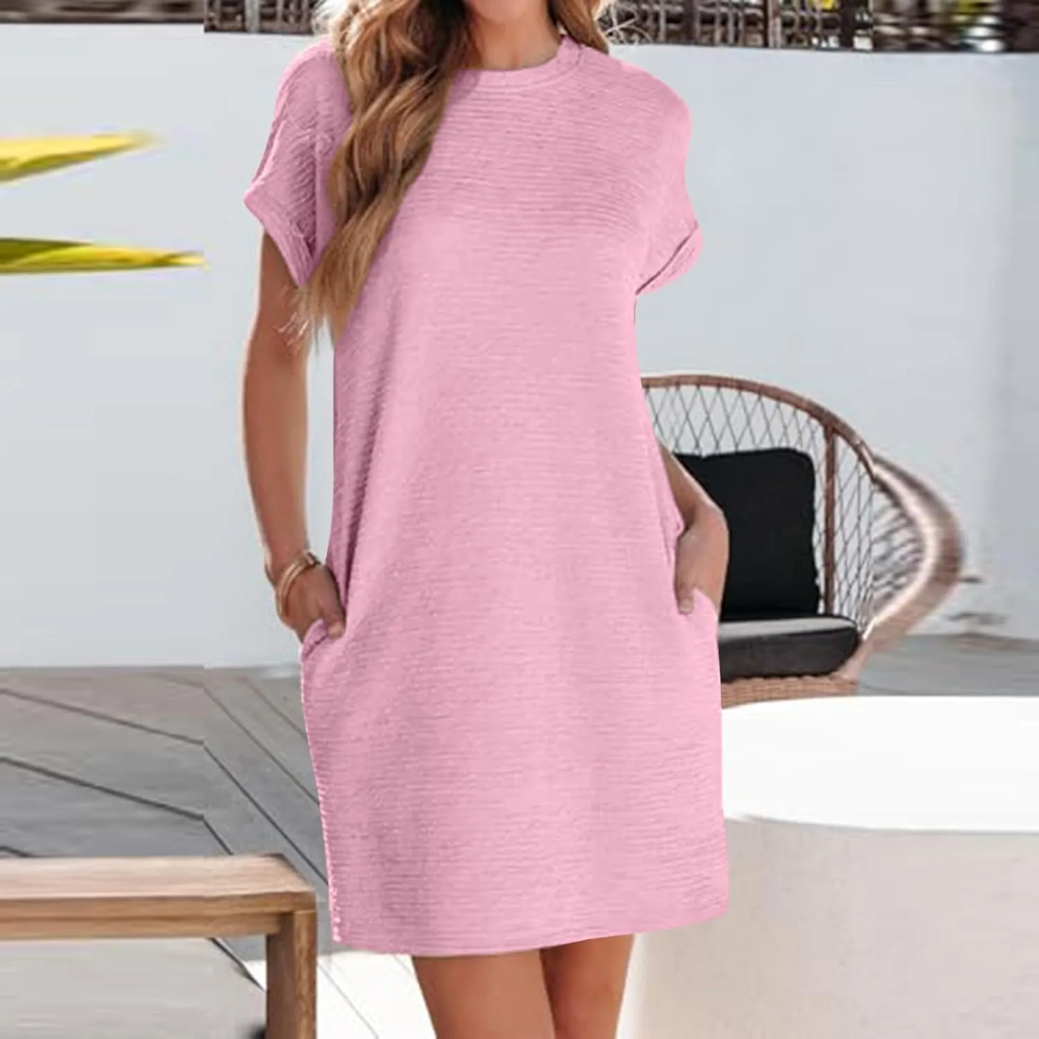 Fashion Womens Summer Dresses Casual Round Neck A-Line Beach Dress Elegant Short Sleeve Office Dresses with Pocket
