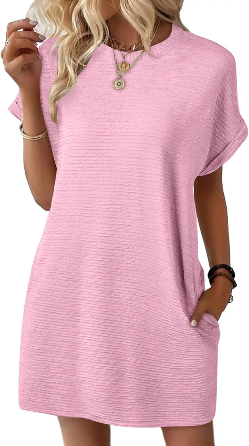 Fashion Womens Summer Dresses Casual Round Neck A-Line Beach Dress Elegant Short Sleeve Office Dresses with Pocket