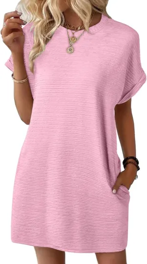 Fashion Womens Summer Dresses Casual Round Neck A-Line Beach Dress Elegant Short Sleeve Office Dresses with Pocket