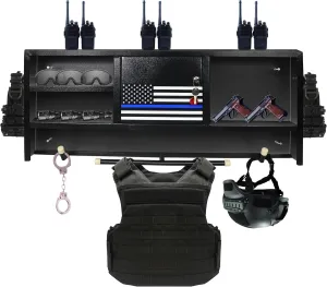 FEBTECH Police Gear Rack - Heavy Duty Tactical Gear Wall Mount Warrior Rack Law Enforcement, All Iron Black Tactical Traps Gun Shelf With 4 Hooks, Police Vest Hanger & Flag Police Locker (100 Lbs Cap)