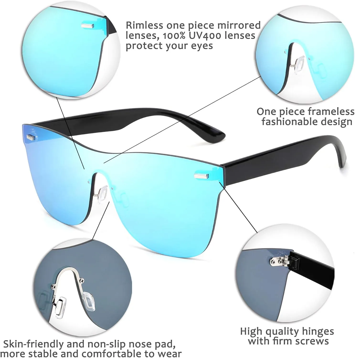 FEISEDY Mirrored Rimless Sunglasses One Piece Lens Reflective Sunglasses for Women Men B2647