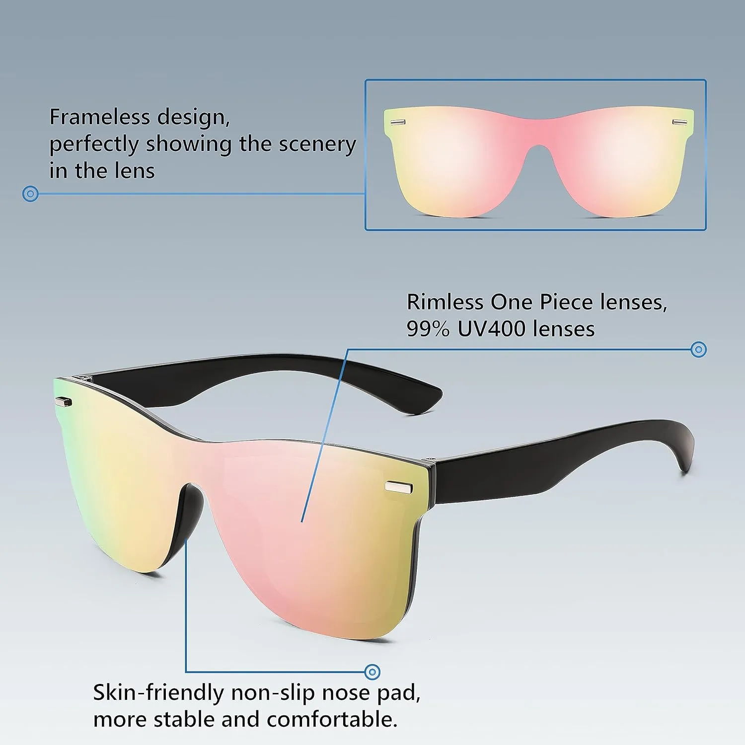 FEISEDY Trendy Rimless Mirrored One Piece Lens Sunglasses Reflective Sun Glasses B4114