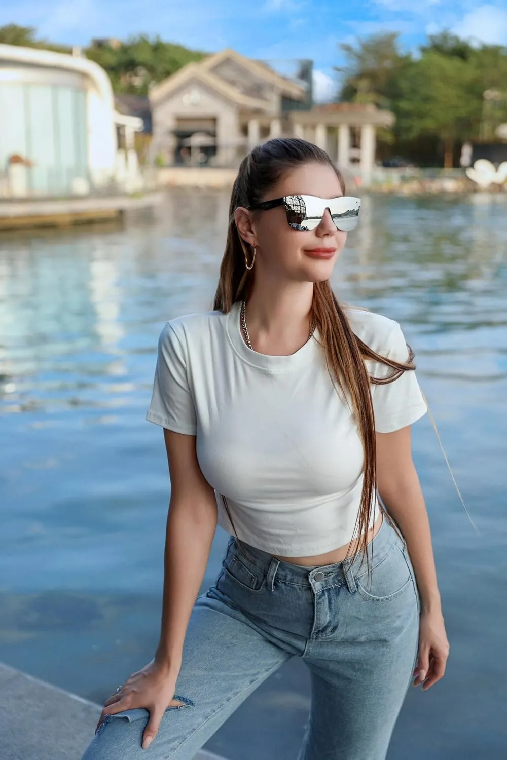 FEISEDY Trendy Rimless Mirrored One Piece Lens Sunglasses Reflective Sun Glasses B4114
