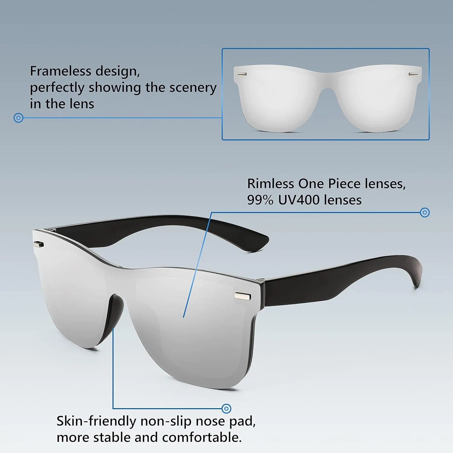 FEISEDY Trendy Rimless Mirrored One Piece Lens Sunglasses Reflective Sun Glasses B4114