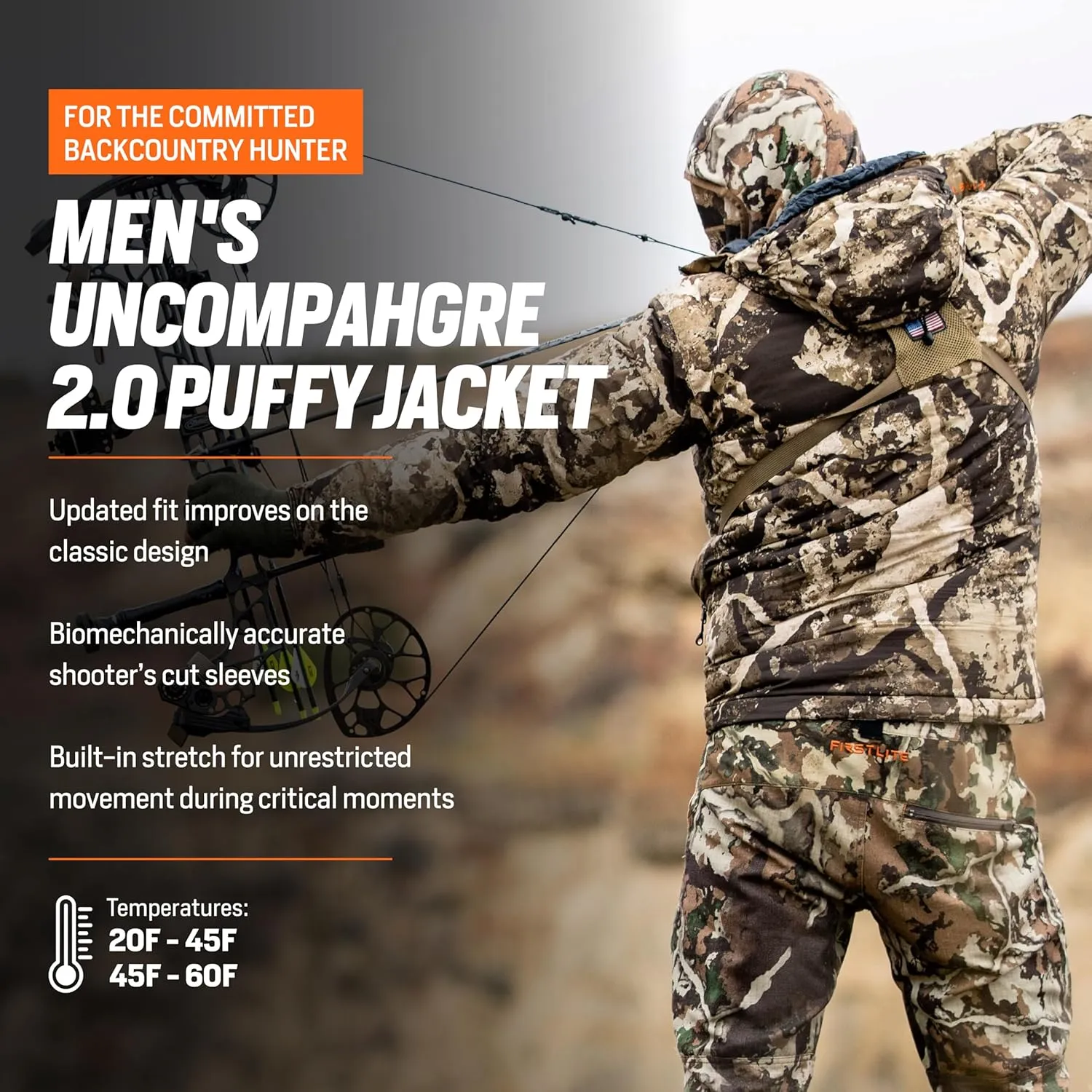 First Lite Men's Uncompahgre 2.0 Puffy Jacket - Lightweight Insulated Camo Hunting Coat, Waterproof Hunting Gear For Men