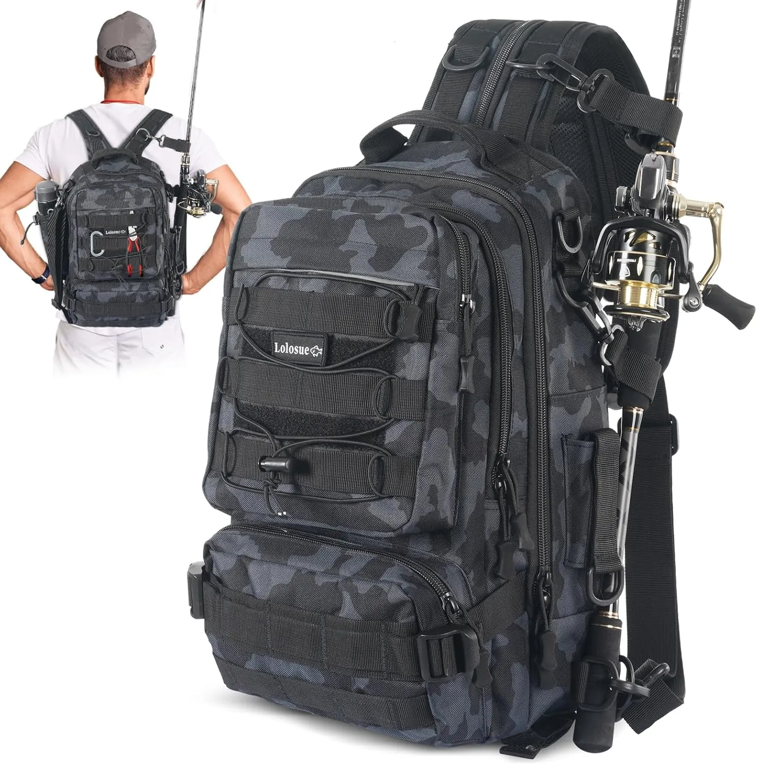 Fishing Backpack Sling Bag, Tackle Box Backpack with Rod & Gear Holder, Equipment-Fishing Gift for Men Women, Outdoor Fishing Tackle Bag also for Hiking, Hunting, Camping, Camouflage