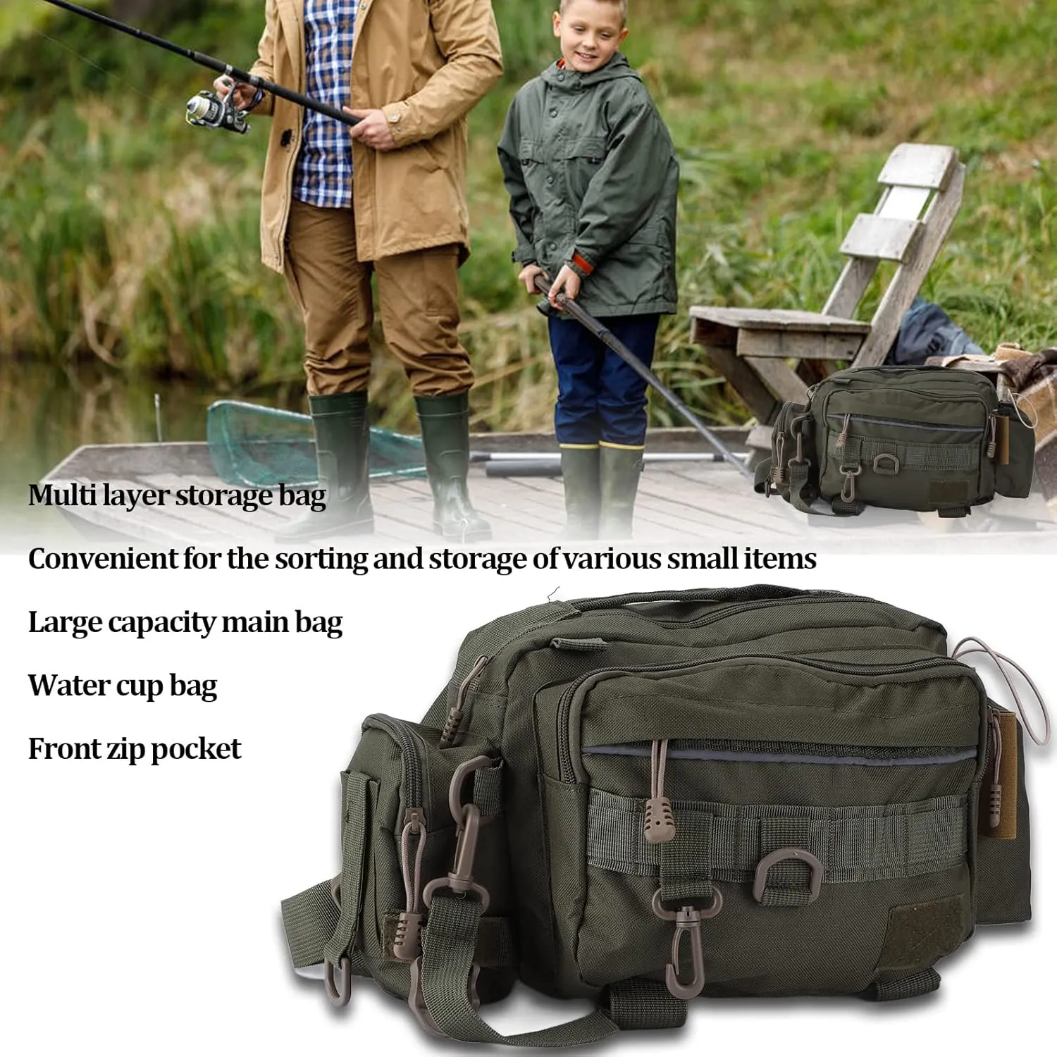 Fishing Tackle Bags and Storage Boxes Fishing Tackle Bag Nylon 600D Fishing Gear Sling Pack with Waist Belt for Outdoor Cycling Camouflage Outdoor Carryall Bag Hiking Travel Pack(Military green)