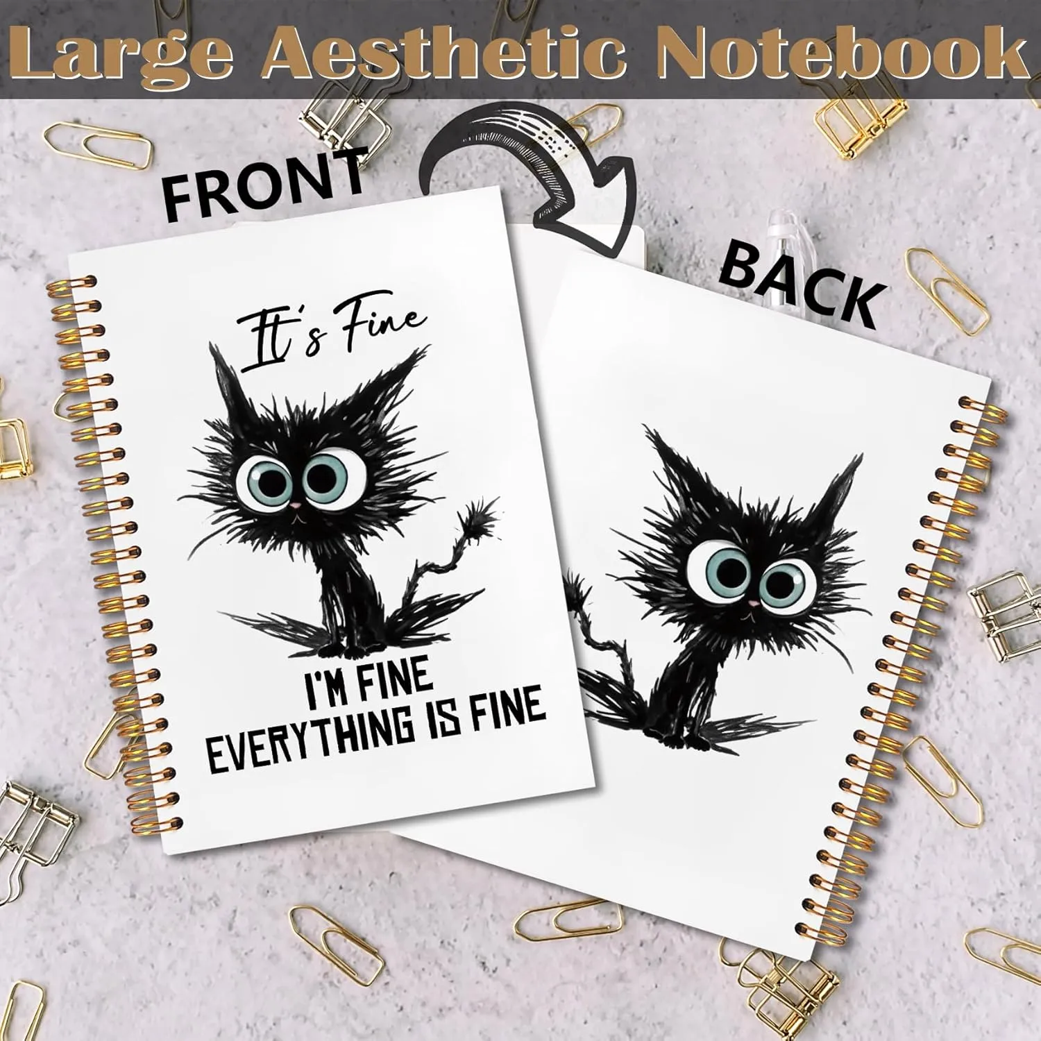 FITIE It's Fine I'm Fine Everything's Fine Funny Black Cat Spiral Notebook 5.5x8.3, Black Cat Gifts, Inspirational Journal for Women, Sarcastic Notebooks for Work Note Taking