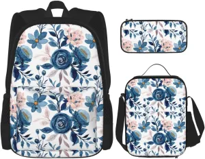 flowers Multifunctional Pocket Backpack Crossbody Lunch Bag Pencil Case 3Pcs Set Large Capacity Backpack