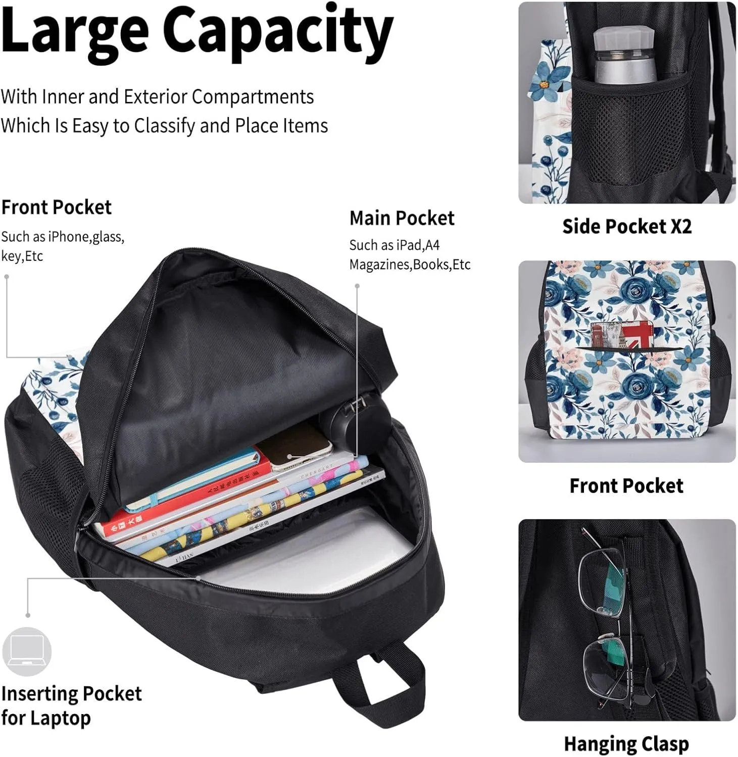 flowers Multifunctional Pocket Backpack Crossbody Lunch Bag Pencil Case 3Pcs Set Large Capacity Backpack