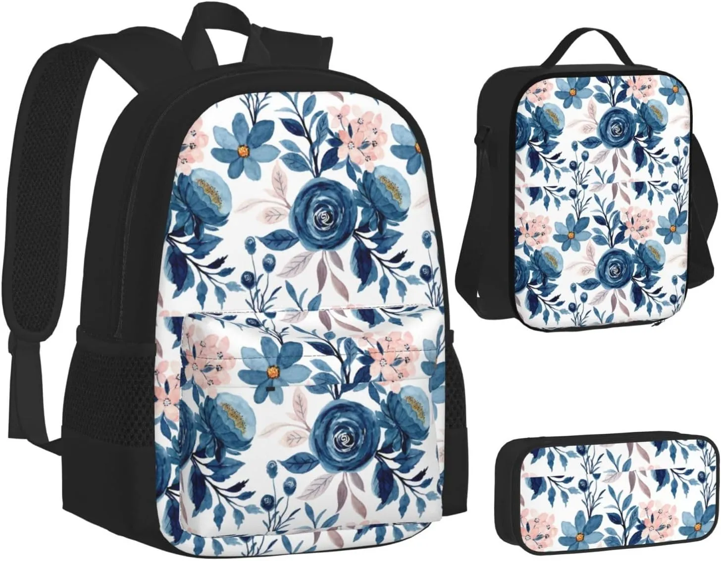 flowers Multifunctional Pocket Backpack Crossbody Lunch Bag Pencil Case 3Pcs Set Large Capacity Backpack