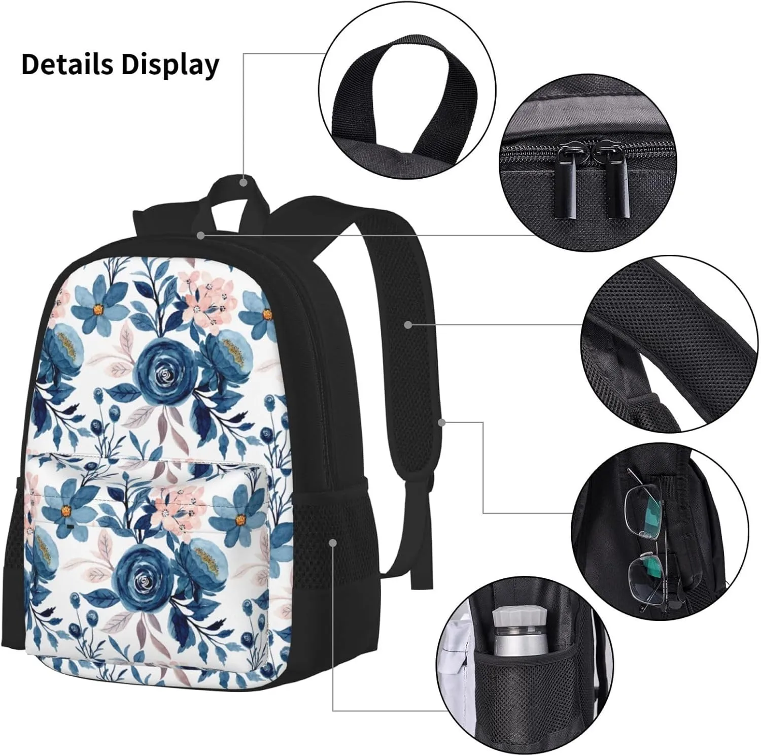 flowers Multifunctional Pocket Backpack Crossbody Lunch Bag Pencil Case 3Pcs Set Large Capacity Backpack