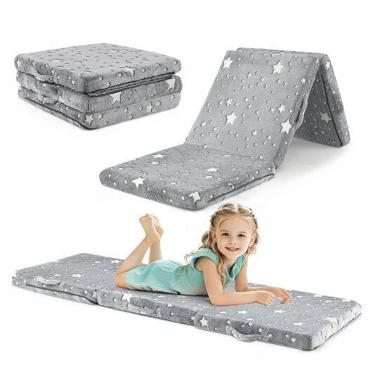 Foldable Floor Mattress for Kids with Washable Flannel Cover-Dark Gray - Color:
