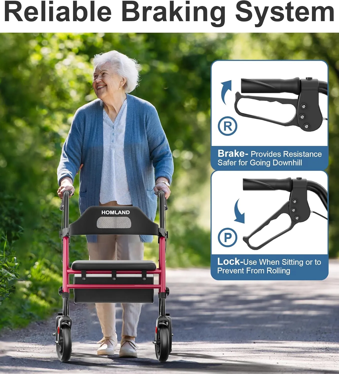 Foldable Rollator Walkers with Seat for Seniors, 8'' Big Wheels, 350 lb. Weight Capacity, Adjustable Handles and Seat Height, Lightweight Rolling Walker, Red