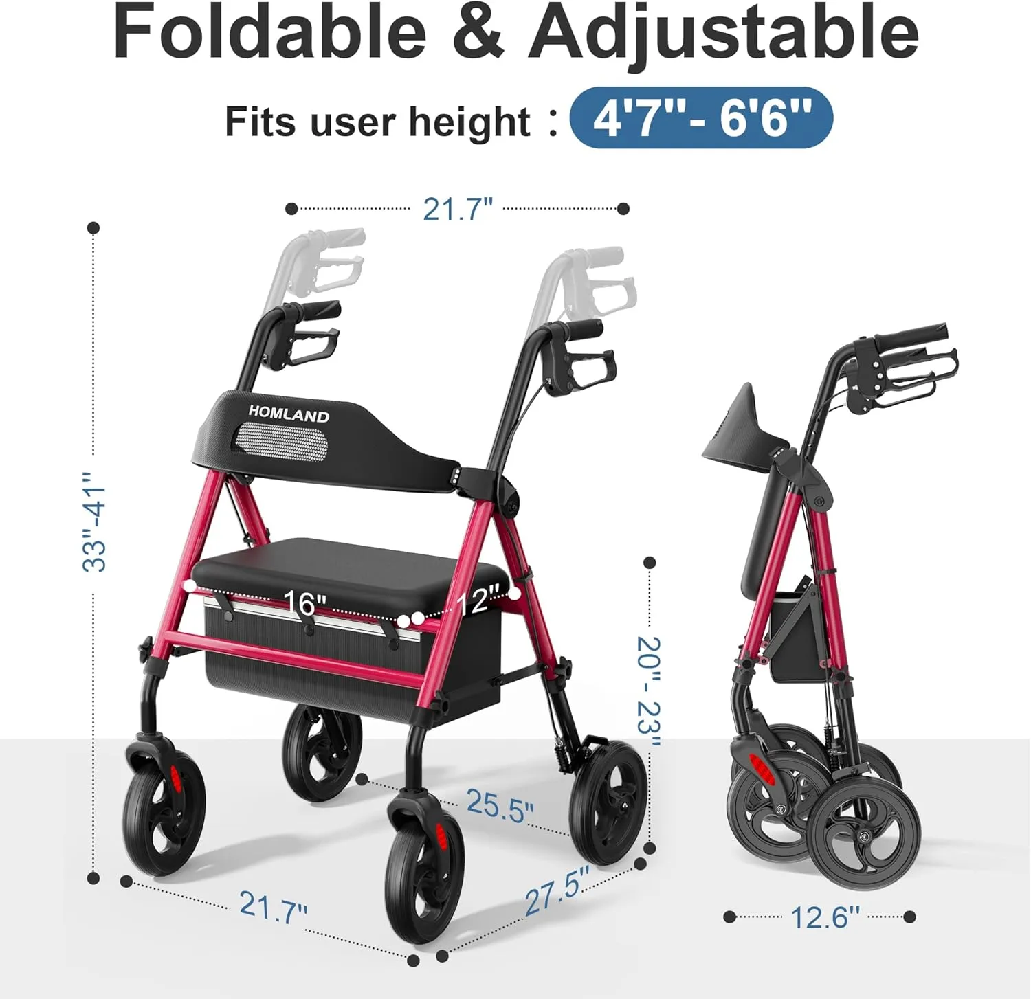 Foldable Rollator Walkers with Seat for Seniors, 8'' Big Wheels, 350 lb. Weight Capacity, Adjustable Handles and Seat Height, Lightweight Rolling Walker, Red