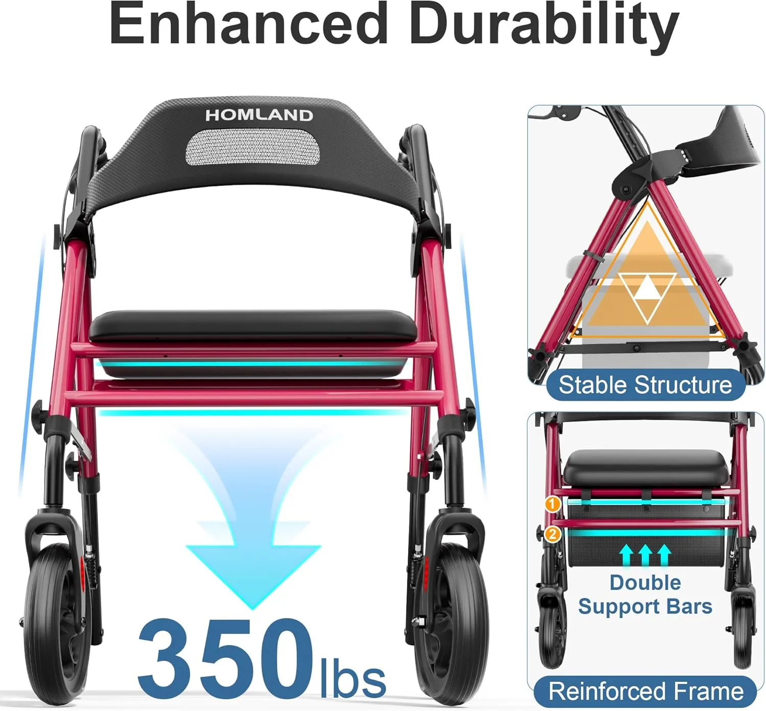 Foldable Rollator Walkers with Seat for Seniors, 8'' Big Wheels, 350 lb. Weight Capacity, Adjustable Handles and Seat Height, Lightweight Rolling Walker, Red