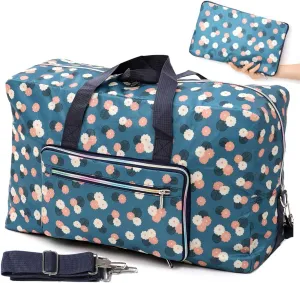 Foldable Travel Duffle Bag for Women Girls Large Cute Floral Weekender Overnight Carry On Bag for Kids Checked Luggage Bag (A-Blue flower)